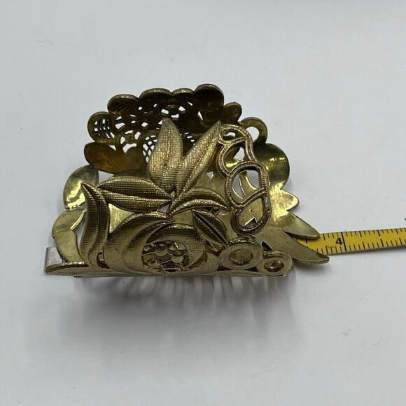 Large Filigree Ornate Lace Floral Leaf Gold Tone Wide Textured Cuff Bracelet - Picture 9 of 10